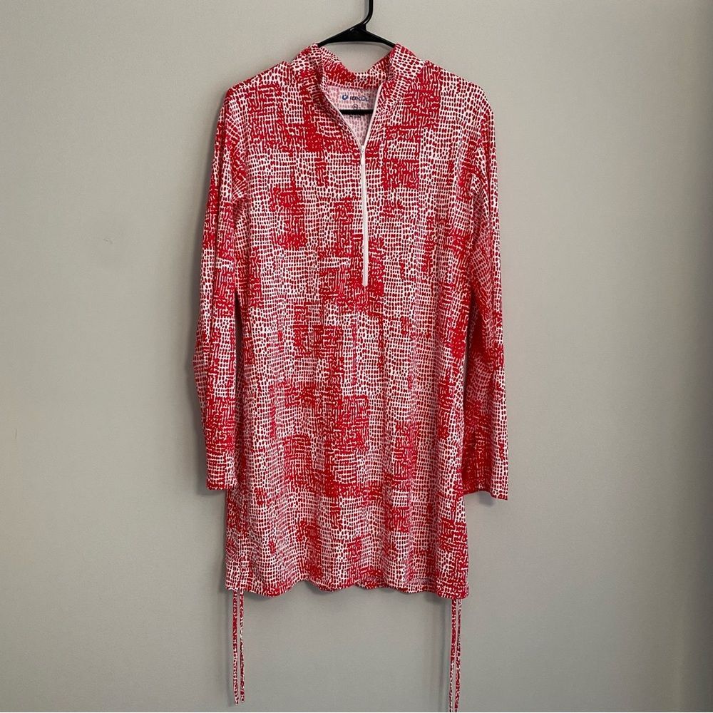Ibkul 3/4 Zip Long Sleeve Cinchable Tunic Top XL Red White